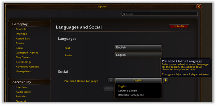 Language-preference and faction-balance settings shown in Blizzard's WoW Forever panel recap