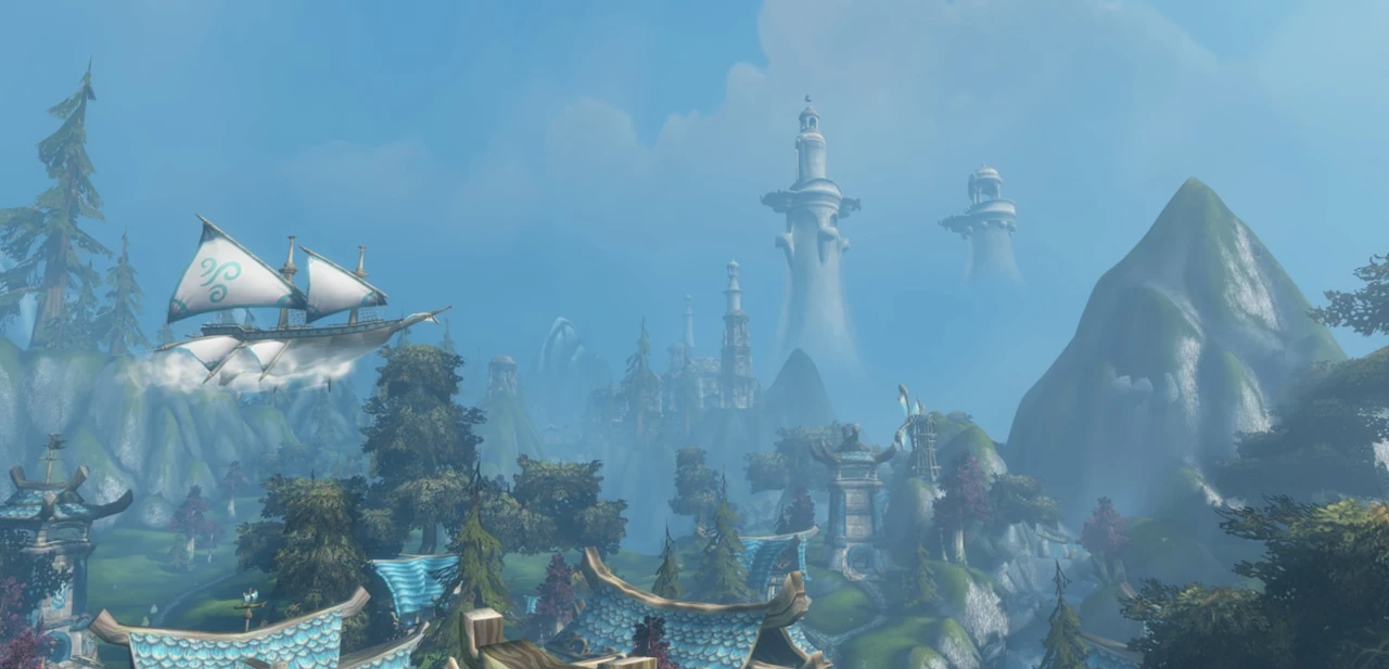 A white-sailed airship approaching Zephras Isle towers