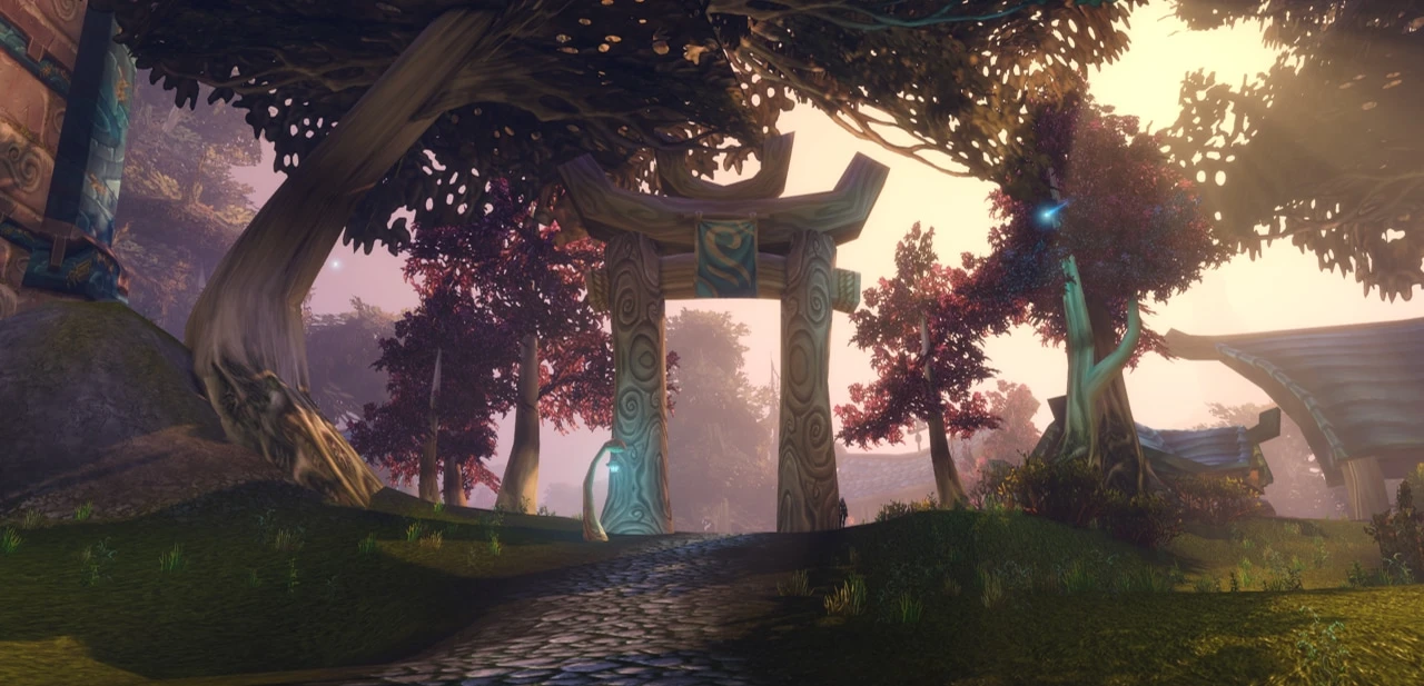 A stone road leading through a tall archway on Zephras Isle