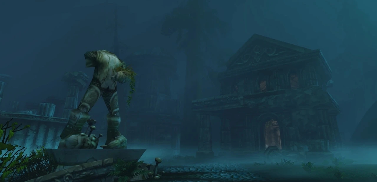 Darkened Zephras Isle ruins with a damaged statue and building